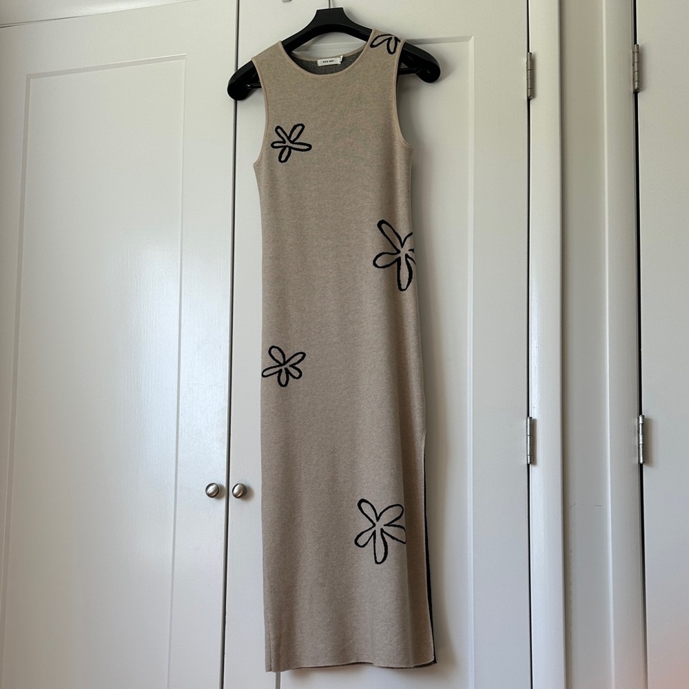 Mod Ref Beige Asymmetrical Dress with Black Floral Design